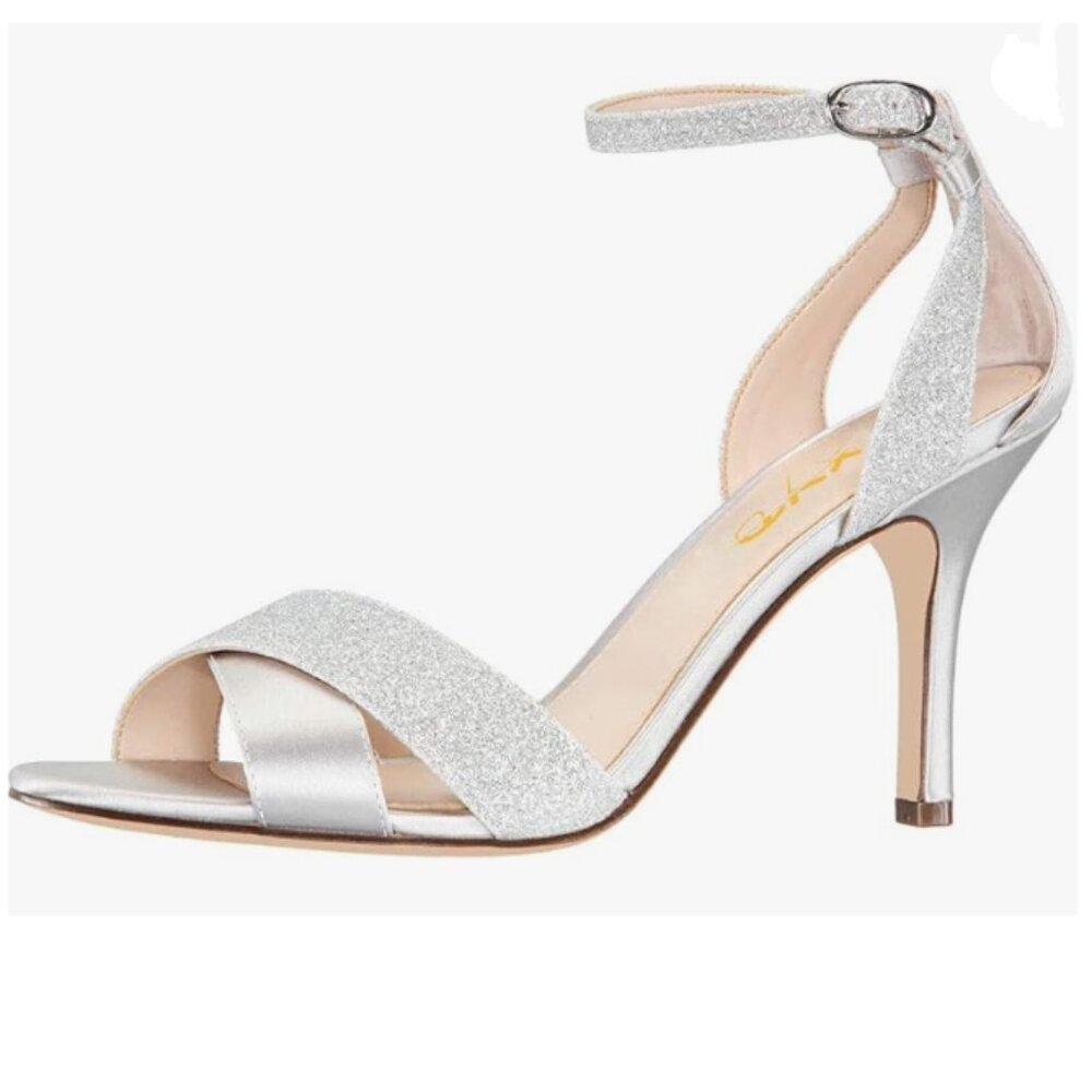 XYD Silver Charm Cross Ankle Strap Sandals High Heel Open Toe Satin Dress Shoes